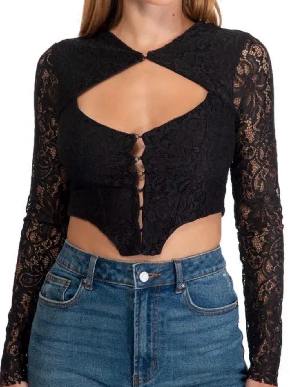 Black Lace Cutout Long-Sleeve Crop Top AFRM